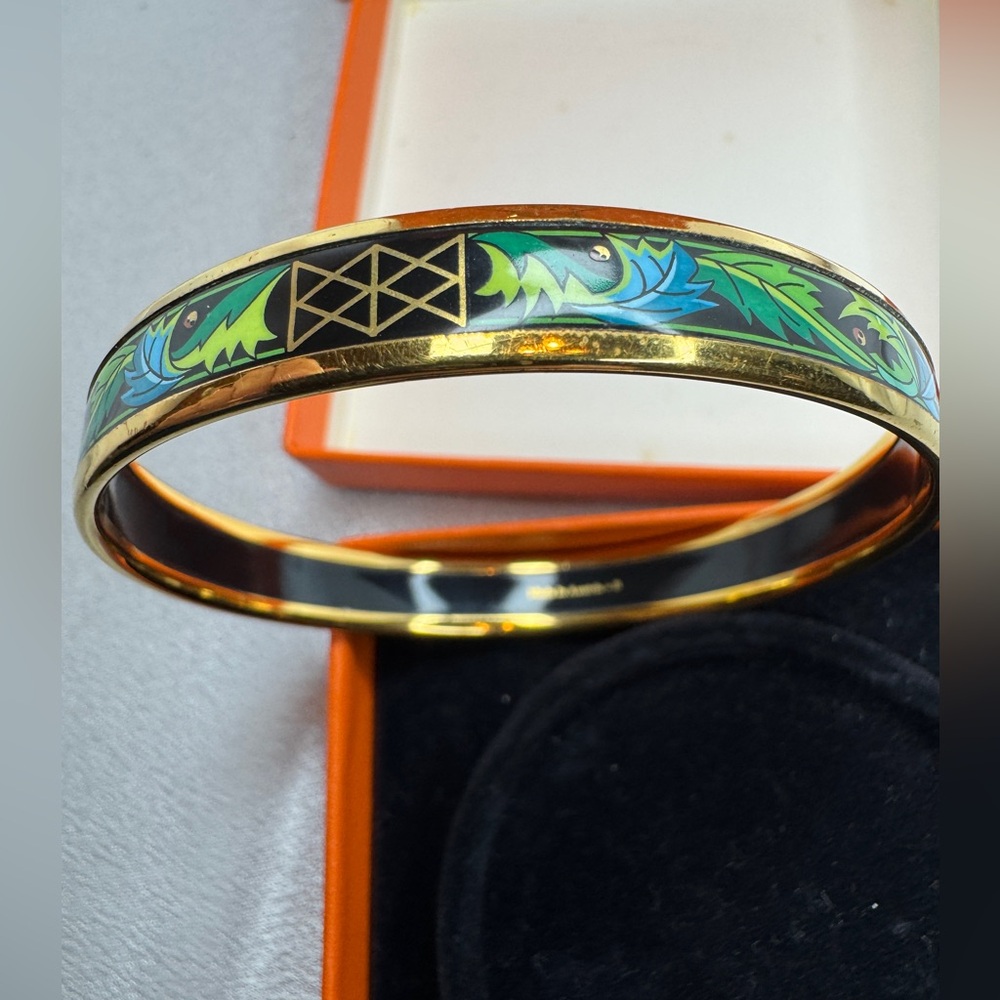 Hermes Green and Blue Leaf Motif in Gold Plated and Black Enamel Bracelet